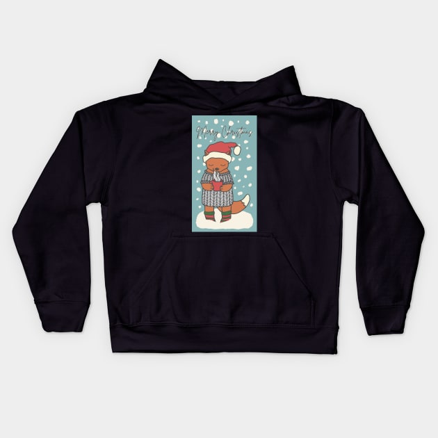 Merry Christmas , cute little fox drinking hot chocolate in the snow Kids Hoodie by marina63